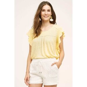 Deletta Anthropologie Ina Ruffle Sleeve Linen Top Women XS Yellow Pom Pom Boho